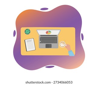  Vista de cima para baixo do espaço de trabalho com laptop mostrando gráfico de pizza, xícara de café, bloco de notas e planta na mesa amarela. Fundo de gradiente vibrante adiciona humor criativo, ideal para temas de produtividade e estilo de vida