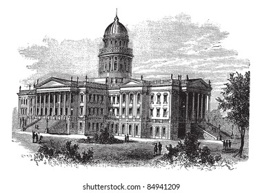 Topeka, Capitol of the state of kansas or Kansas Statehouse, vintage engraved illustration. The Kansas State Capitol during late 1800s. Trousset encyclopedia (1886 - 1891).