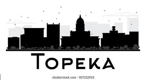 Topeka City skyline black and white silhouette. Simple flat concept for tourism presentation, banner, placard or web site. Business travel concept. Cityscape with landmarks