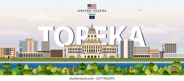 Topeka city skyline colorful vector illustration. Travel poster