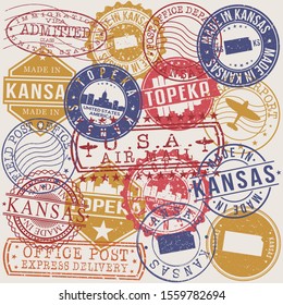 Topeka Kansas Set of Stamps. Travel Stamp. Made In Product. Design Seals Old Style Insignia.