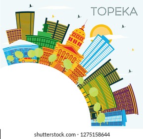 Topeka Kansas USA City Skyline with Color Buildings, Blue Sky and Copy Space. Vector Illustration. Business Travel and Tourism Concept with Modern Architecture. Topeka Cityscape with Landmarks.