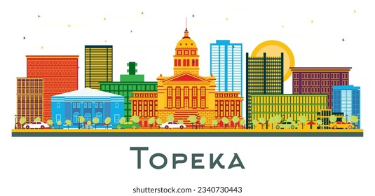 Topeka Kansas USA city Skyline with Color Buildings isolated on white. Vector Illustration. Business Travel and Tourism Concept with Modern Architecture. Topeka cityscape with landmarks.