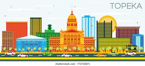 Topeka Kansas USA Skyline with Color Buildings and Blue Sky. Vector Illustration. Business Travel and Tourism Concept with Modern Architecture.