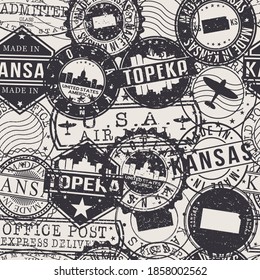 Topeka, KS, USA Pattern of Stamps. Travel Passport Stamps. Made In Product. Design Seals in Old Style Insignia Seamless. Icon Clip Art Vector Collection.