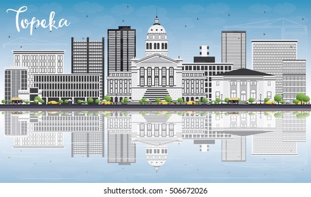 Topeka Skyline with Gray Buildings, Blue Sky and Reflections. Vector Illustration. Business Travel and Tourism Concept with Modern Architecture. Image for Presentation Banner Placard and Web Site.