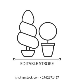 Lineares Symbol für Topiaries und Evergreens. Gartenbauliche Praxis der Ausbildung von Dauerpflanzen. Dünne, anpassbare Illustration. Contour-Symbol. Vektor-einzelne Rahmenzeichnung. Bearbeitbarer Hub