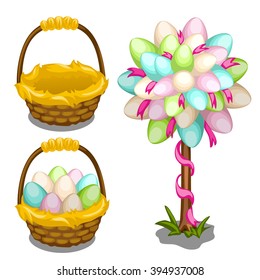 Topiary decorated with Easter eggs. Basket with eggs. Vector illustration.