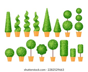 Topiary in Pot. Strauchhackholz für Parks und im Freien. Hedge-Satz in verschiedenen Formen. Zierbäume. Garten immergrüne Büsche. Zwerggrüne Strauchbeeren. Vektorgrafik. Flaches Design.