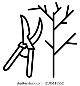 Topiary, Pruning Of Trees, Sanitation In The Garden. Garden Scissors, Pruning Shears, A Tree Without Leaves. Gardening, Agronomy. Vector Icon, Outline, Isolated. Editable Stroke