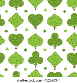 Topiary seamless pattern. Four suits shapes of bushes: heart, spade, club, diamond. Green color. Shrub background. Wrapping seamless pattern for Casino game. Vector bushes elements on white background