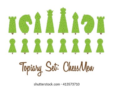 Topiary set of all chessmen shapes of bushes and trees: king, queen, pawn, bishop, rook, knight. Green chess figure. Landscape gardening, park, game. Vector shrub and trees piece on white background.