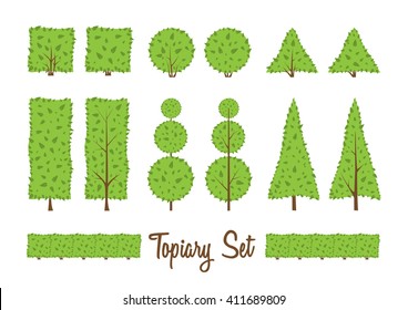 Topiary set. Different basic shape of bushes, trees. Green and brown trees. Square, circle, triangle shrub. Landscape design, gardening, park. Simple forms. Vector bushes elements on white background.