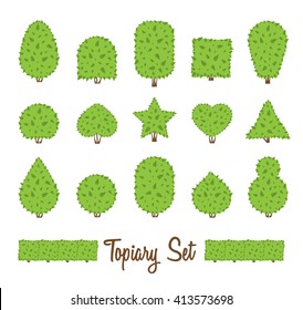 Topiary set. Different basic shape of bushes, trees. Green multiform shrubs. Heart drop circle egg star shrub. Landscape design, gardening, park, game. Simple forms. Vector bushes on white background.