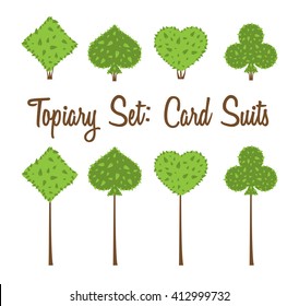 Topiary set of four vector playing cards suits shapes of bushes and trees: heart, spade, club, diamond. Green and brown. Landscape design, gardening, park, game. Vector shrub on white background.