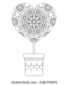 Topiary in the shape of a heart with a floral pattern on a white background. Anti-stress coloring book for adults and children. Decorative element for design
