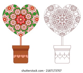 Topiary in the shape of a heart with a floral pattern on a white background. Anti-stress coloring book for adults and children. Decorative element for design