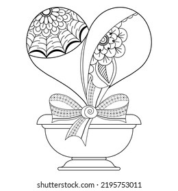 Topiary in the shape of a heart with a floral pattern on a white background. Anti-stress coloring book for adults and children. Decorative element for design