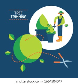 Topiary tree pruning and trimming concept for design of banners, flyers. Gardener trims two shrubs with garden scissors. Professional garden maintenance icon. Flat vector illustration.