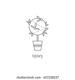 Topiary vector thin line icon. Handmade tree of happiness. Black on white isolated symbol. Logo template, element for business card or workshop announcement. Simple mono linear modern design.