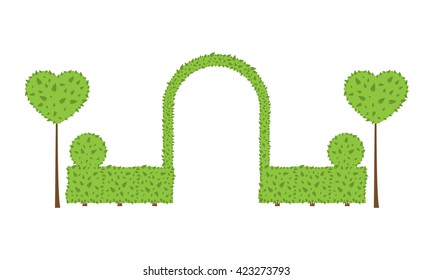 Topiary wedding arch. Different shape of bushes, trees. Green and brown color. Fence, circle, heart shrub. Landscape design, gardening, park, card, invitation. Vector elements on white background.
