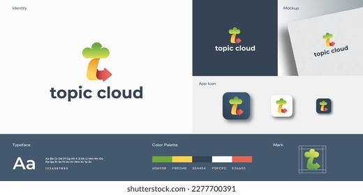 Plantilla de logotipo de símbolo de signo de resumen de nube de tema. Letra T con iconos de nube y flecha incorporados. Guía de identidad de concepto de almacenamiento tecnológico dinámico o de problemas de datos con tipografía moderna