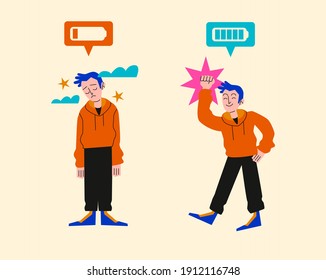 Topic - energy, tired, energized. Flat style modern vector concept illustration. Tired man with sad face expression and an energized man with his hand up.