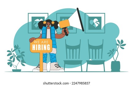 Topic Engagement of employees. The girl is holding a megaphone in her hands.