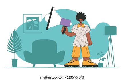 Topic Engagement of employees. The guy holds a megaphone in his hands.