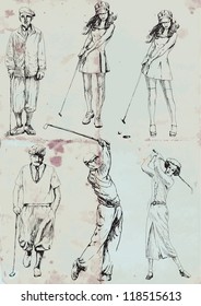Topic: Golf - collection of golf players (men and women). Collection of drawings (each on a separate layer) on vintage paper in blue color (the paper is separated in the lower layer).