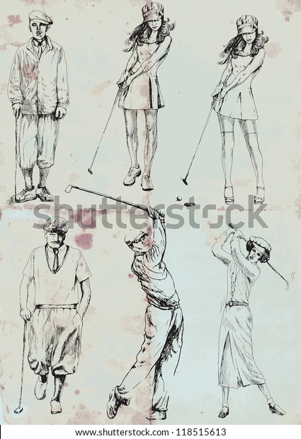 Topic: Golf\
- collection of golf players (men and women). Collection of\
drawings (each on a separate layer) on vintage paper in blue color\
(the paper is separated in the lower\
layer).