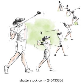 Topic: GOLF (Complex motion, Golf swing). An hand drawn illustration converted into vector. Vector is easy editable in layers and groups.