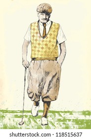 Topic: Golf (golfer - Man). Vintage Processing, Old Fashioned Player. Description: Editable In Five Layers. Number Of Colors In Each Layer: No More Than Sixteen.