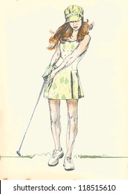 Topic: Golf (golfer - woman). Vintage processing, modern player (sportswoman). Description: Editable in five layers. Number of colors in each layer: no more than sixteen.