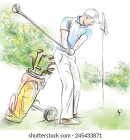 Topic: GOLF (Posture, Golf swing). An hand drawn illustration converted into vector. Vector is easy editable in layers and groups.