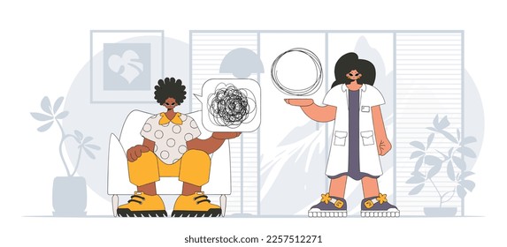 Topic Help A person consumed by a sense of hopelessness and despair. The psychologist doctor unpacks a tangle of thoughts. The patient shows that his head is a mess.