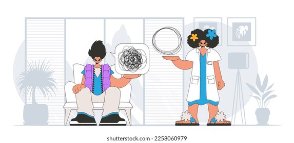 Topic Help A person consumed by a sense of hopelessness and despair. The psychologist doctor unpacks a tangle of thoughts. The patient shows that he is confused.