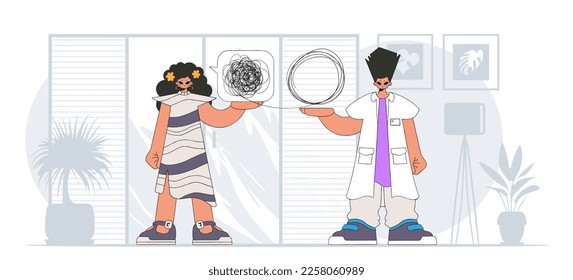 Topic Help A person consumed by a sense of hopelessness and despair. The psychologist doctor unpacks a tangle of thoughts. The patient shows that he is confused.