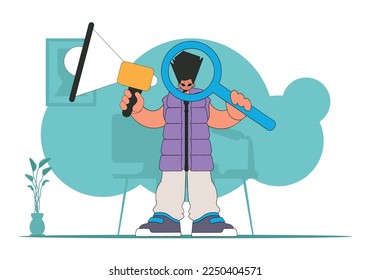 Topic Human resource and recruitment. A guy with a megaphone, symbolizing the search for people in the labor market.