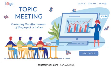 Topic Meeting Landing Page Flat Vector Template. Sales Conversion, Annual Report Presentation Web Banner Cartoon Layout. Statistics Analyzing. Business Analytics Conference Website Homepage