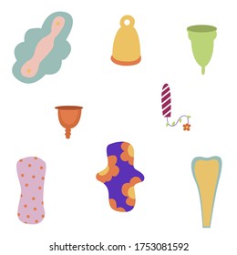 The topic of menstruation. Period. Various female hygiene products. Zero waste objects. Tampons, cups, pads for women. Hand drawn vector illustration. Everything is isolated