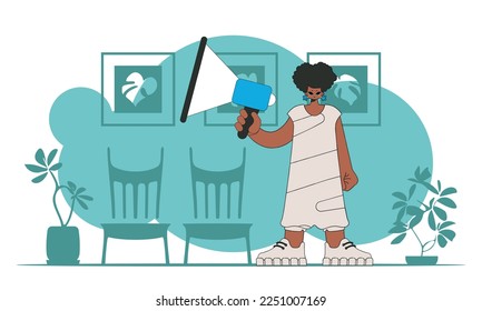 Topic Personnel search. Girl with a megaphone. labor market.