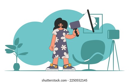 Topic Personnel search. A woman is holding a megaphone.