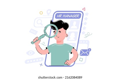 Topic recruiter, HR manager. The boy is searching, holding a magnifying glass in his hands. Element for the design of presentations, applications and websites. Trend illustration. Vector illustration
