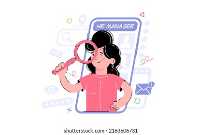 Topic recruiter, HR manager. The girl is searching, holding a magnifying glass in his hands. Element for the design of presentations, applications and websites. Trend illustration. Vector illustration