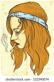 Topic: Smokers - An hand drawn illustration of young woman, a little hippie-wearing, casually smoking a cigarette. /// Vector description: Editable in 6 layers.