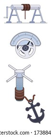 the topic is wheel and axle, it's about mechanical advantage in physics, in art work has 3 object, capstan, steering wheel and anchor. with cartoon 
