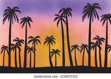 Topical background with palm trees against backlight