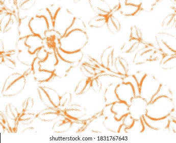 Topical florals dot  vector silhouettes. Botanical seamless pattern. Hand drawn abstract flowers, roses buds and wild petals. Monochrome background for textile, fabric, wrapper, wallpaper and surface.