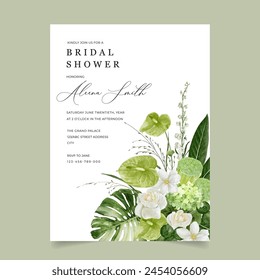 Topical Greenery Bridal Shower Invitation Card with Beautiful Anthurium Flower, Lotus Fruits, Rose and Monstera Leaf